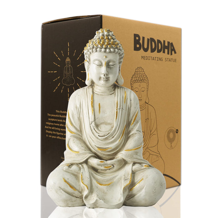 Goodeco Meditating Buddha Statue Figurine Sculpture - Indoor or Outdoor Zen  Decor for Home/Garden with Natural Wood Beaded Necklace,Polyresin,Antique
