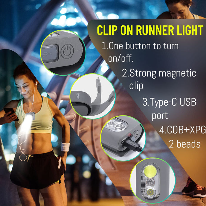 Clip on Running Lights, 2Pack Rechargeable Night Light with Strong Magnet  Reflective, LED Running Lights 3 Modes Brightness with Red Strobe for