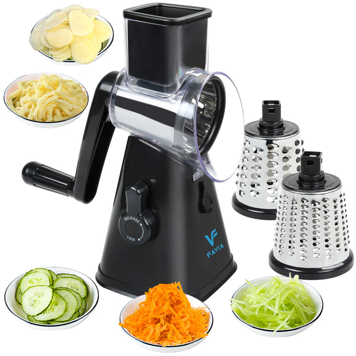 FAVIA Rotary Cheese Grater with Handle - Manual Vegetable Shredder with 3  Stainless Steel Drum Blades, Round Mandoline Slicer Nuts Grinder, BPA Free