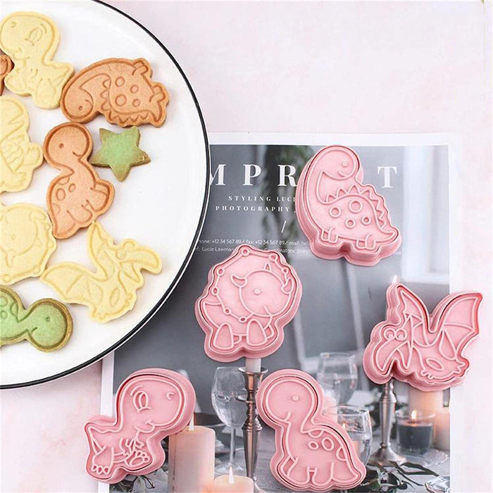 Dinosaur Cookie Cutters With Plunger Stampers Set, 6pcs 3D Dinosaur Embossing Cutters Plastic Cartoon Biscuit Stampers