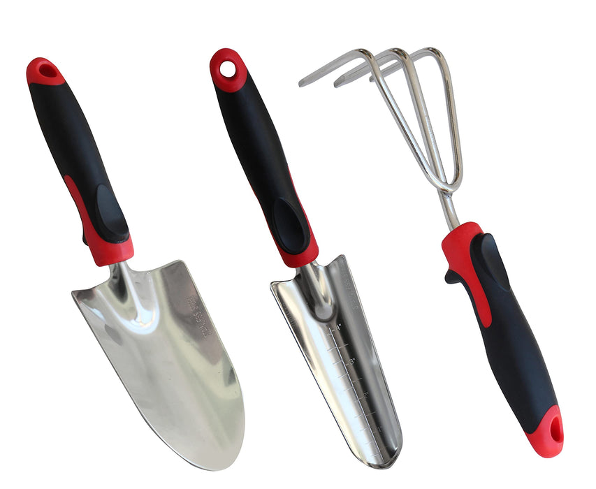 TABOR TOOLS D124A 3-Piece Garden Tool Set with Rubberized Non-Slip Handles, Stainless Steel, Includes Hand Trowel, Cultivator Hand Rake, and Transplanter with Gradation Marks