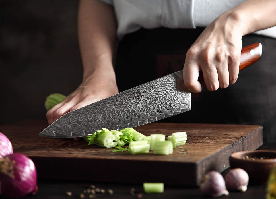 XINZUO 5-Piece Damascus Steel Kitchen Knife Set, Chef Santoku Nakiri Slicing Utility Knife Hammered Forging Damascus Kitchen Knife Professional