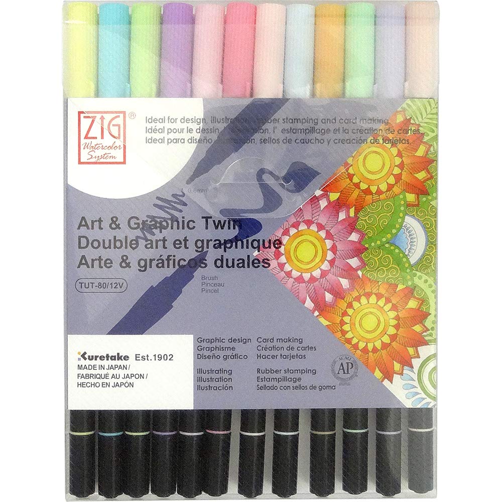  Kuretake ZIG Clean Color DOT markers, 12 colors set, Dual tip,  for Bullet Journals, Crafts, Illustration, Lettering 0.5mm fine tip on one  end and a Flexible dot tip, AP-Certified, Made in