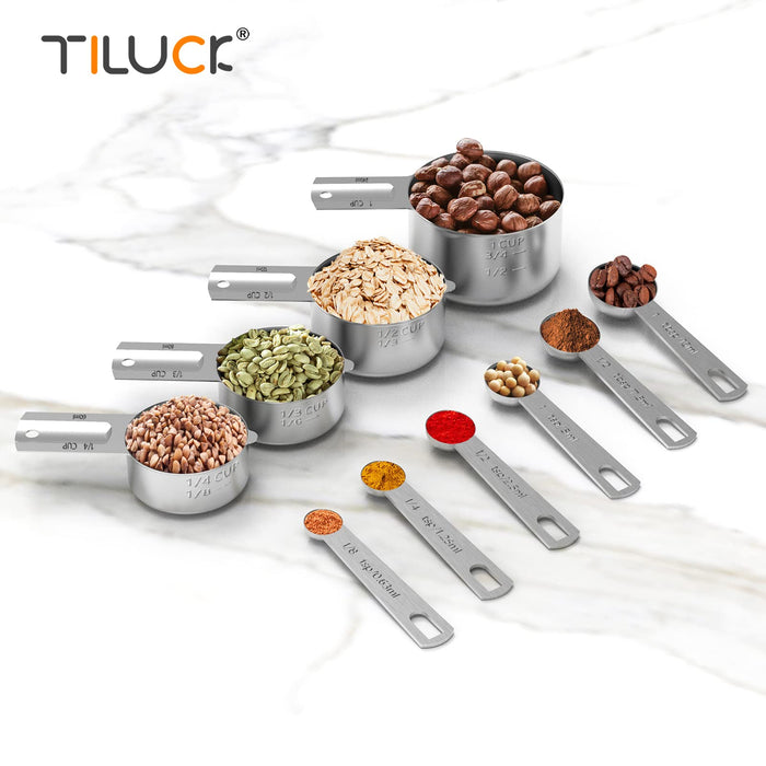 TILUCK measuring cups and magnetic measuring spoons set, stainless steel  measuring cups, 6 double-sided stainless steel measuring spoons & 1 leveler
