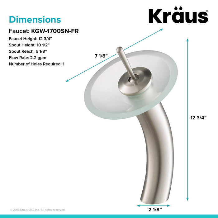 Kraus KGW-1700SN-FR Single Lever Vessel Glass Waterfall Bathroom Faucet Satin Nickel with Frosted Glass Disk