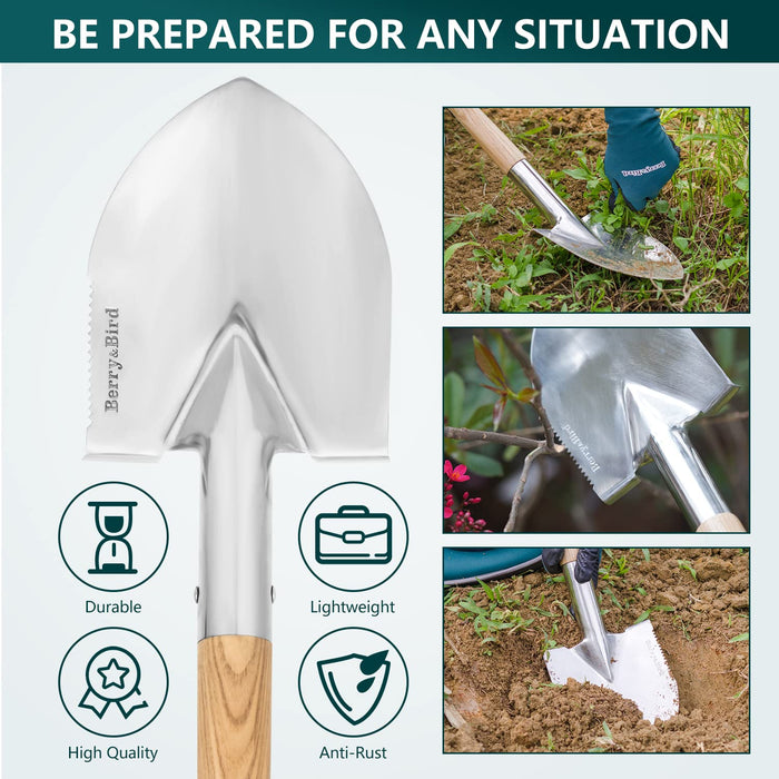 Berry&Bird Short Hand Shovel, 19.8’’ Digging Trowel for Gardening with Wood Handle Stainless Steel Round Point Spade Shovel with Serrated for Cutting, Transplanting & Weeding