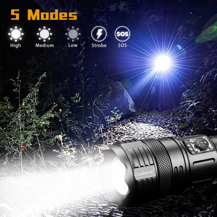 Garberiel Ultra Bright 100000 Lumens XHP90 Flashlight High Lumens Rechargeable and Waterproof, 5 Modes High Powerful Flash Light Torch Perfect for Camping, Hiking, and Emergency Use
