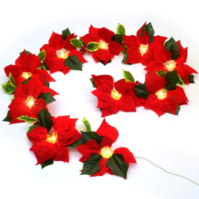 DearHouse 6.5Ft Lighted Poinsettia Christmas Garland with Red Berries and Holly Leaves, Pre-Lit Velvet Artificial Poinsettia Garland for Christmas Decoration, Battery Operated