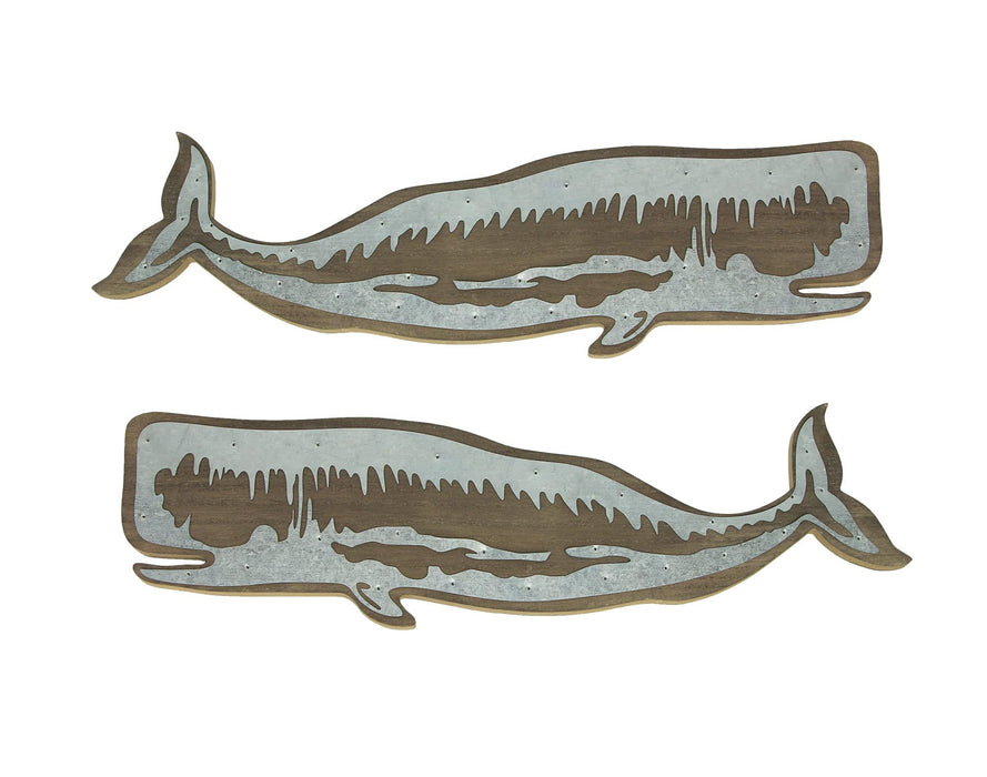 Zeckos Set of Two 21 Inches Long Distressed Wooden Sperm Whale Wall Decor Plaques with Metal Accents Decorative Ocean Art