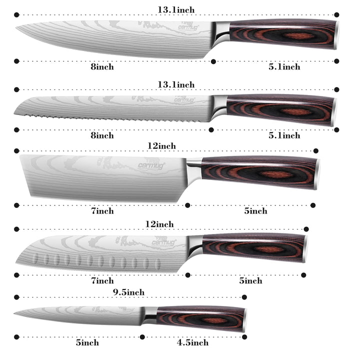 5Pcs Professional Chef Knife Set, German High Carbon Stainless Steel Chef Knife Cleaver Knife Bread Knife Santoku Knife Utility knife and  Box