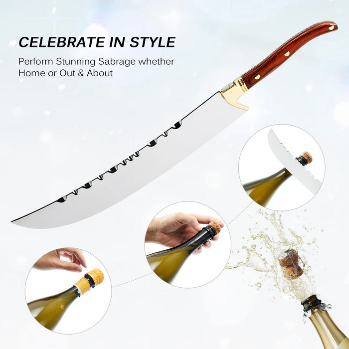 CO-Z Champagne Saber with Box, Champagne Knife Wine Opener with Wooden Handle and Gold Accents, Stainless Steel Bottle Opener 16.