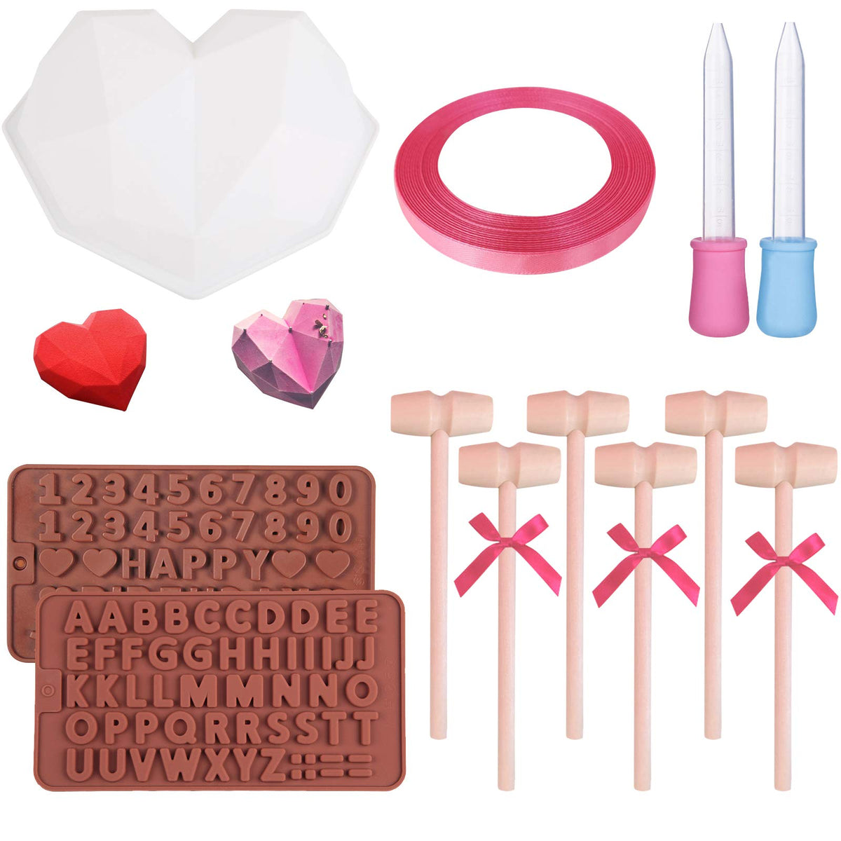 Breakable Heart Mold Set for Chocolate, Heart Silicone Molds with Hammers  and Dropper, Letter Mold and Number Chocolate Molds for Valentine Candy