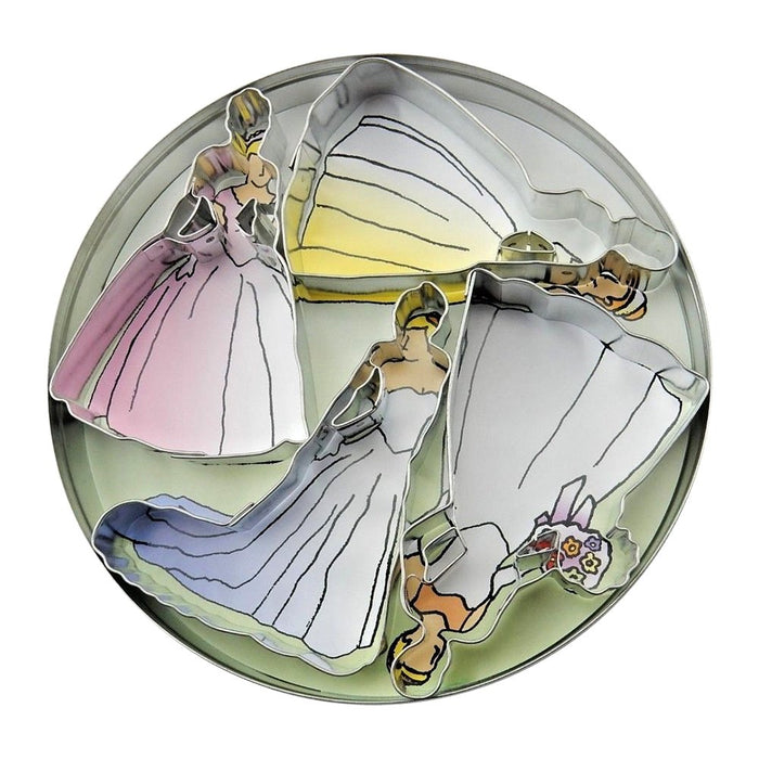Bridal Cookie Cutters, Wedding Gown Shapes, Round Storage Tin - #1814 - Set of 4
