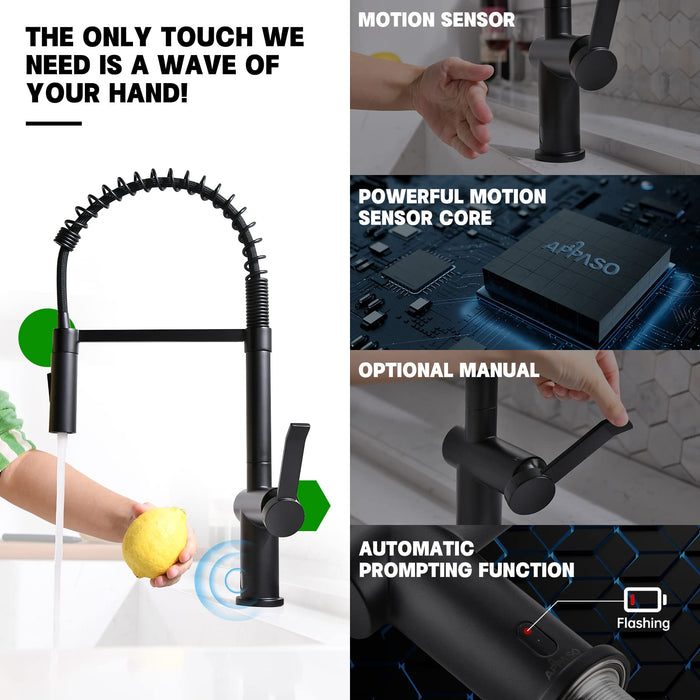 APPASO Black Touchless Kitchen Faucet, Motion Sensor Activated Hands-Free Automatic Kitchen Faucet, Inducing Single Handle Smart Faucets for Kitchen Sink, Solid Brsss