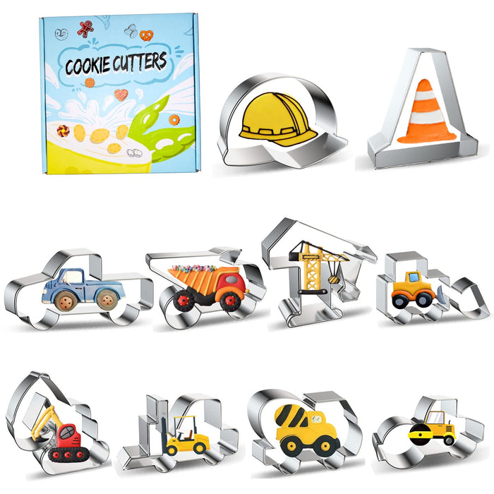 CookDaoMo Construction Theme Cookie Cutters Set(10 Pcs),Stainless Steel Cookie Molds Safety Helmet,Road Cone,Pickup Truck