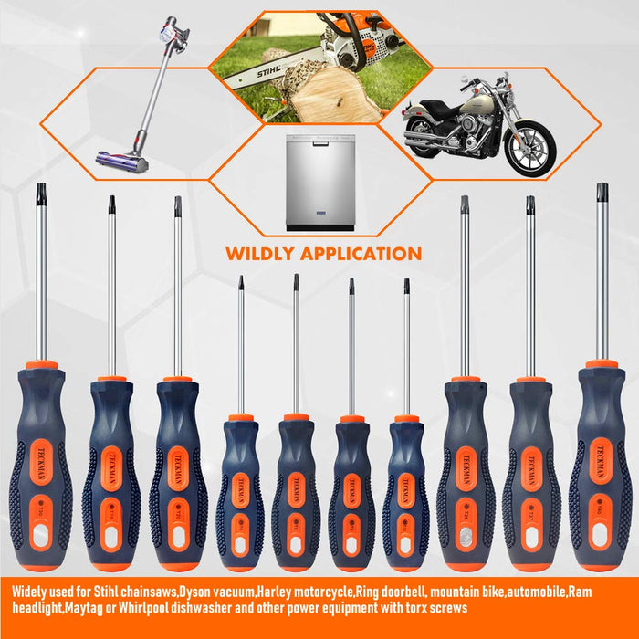 Torx Screwdriver Set,TECKMAN 10 in 1 Magnetic Torx Security Screwdrivers with T6 T8 T9 T10 T15 T20 T25 T27 T30 T40 Long Bit for Stihl Saws,Dyson Vacuum,Motorcycle,Bicycles,Automobile and Dishwasher