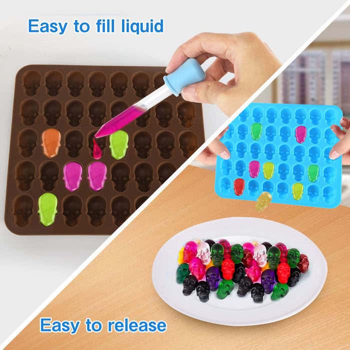 Gummy Skull Candy Molds,3-Pack 40 Cavity Silicone Skull Molds with 2  Droppers for Gummy,Candy,Jelly,Chocolate,Wax Melt,Dog Treats,Ice Cube