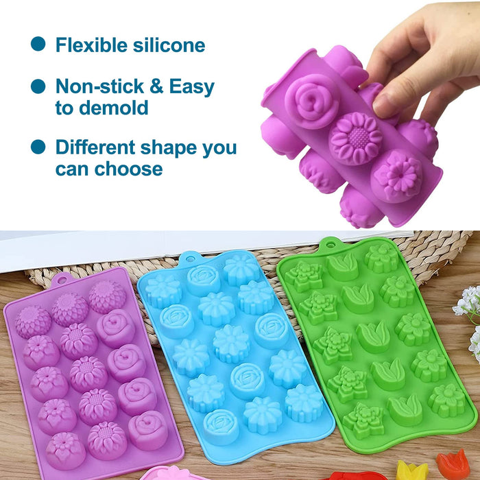 Flower Shape Chocolate Molds Candy Molds for Baking Sweet Treats,15 Cavity Non-Stick Silicone Baking Molds Ice Cubes for Wedding,Festival,Party and DIY Crafts, 6 Pack