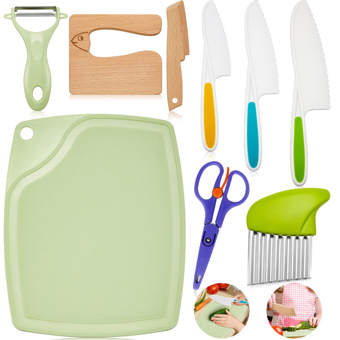 9 Pieces Kid Knife Set Includes 3 Pieces Kids Kitchen Safe Knives Cutting Board 2 Pieces Wood Cutters, Peeler and Multipurpose Scissor, Crinkle Potato Cutter for Kitchen Cooking