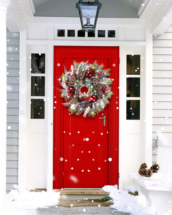 DDHS Christmas Wreaths for Front Door,24 Inch Pre-Lit Winter Wreath with Big Bells, Pine Cones, Red Berries 60 LED Lights, for Party Table Fireplaces Porch Walls Years Christmas Home Decor-Snow
