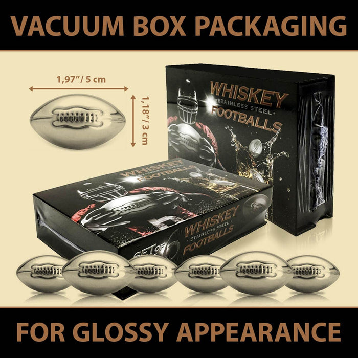 Whisky Stones Stainless Steel Footballs Set of 6 in a Luxury Box. Reusable Chilling Rocks Stone Ice Cubes Beer, Wine Chillers.