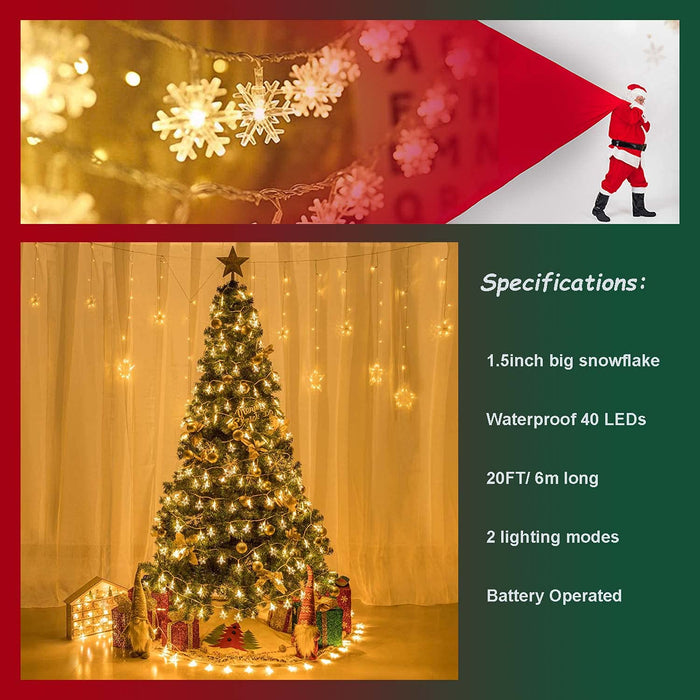Christmas Snowflake String Lights 20Ft 40 LED Battery Operated