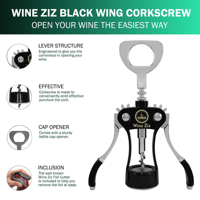 Wine Ziz Large Black Wing Corkscrew Bottle Opener with Foil Cutter Sturdy Metal Wine Cork Screw Built-In Beer Cap Openers