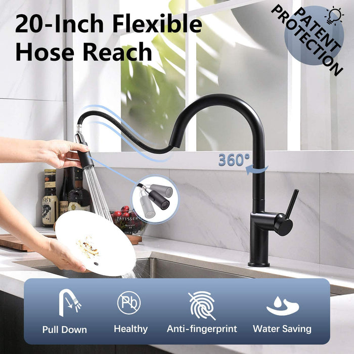 APPASO Modern Pull Down Kitchen Faucet with Multi-Flow Sprayer Matte Black, Single-Handle High Arc Pull Out Sprayer Head, Include Optional Deck Plate