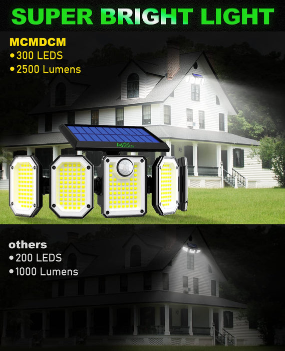 Solar Flood Lights Outdoor Waterproof Motion Sensor – 300LEDs 2500LM 3 Lighting Modes Solar Security Lights with Remote, IP65 7000K 360° Illumination 5 Heads Solar Lights for Garage Yard Patio Porch