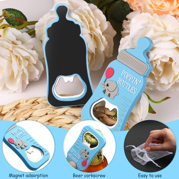 20 Pieces Poppin Bottle Shaped Bottle Opener Blue Baby Shower Favor Magnetic Bottles Shaped Party Favors with 20 Pieces Tags