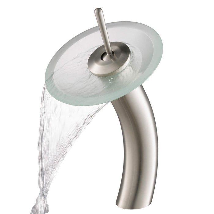 Kraus KGW-1700SN-FR Single Lever Vessel Glass Waterfall Bathroom Faucet Satin Nickel with Frosted Glass Disk