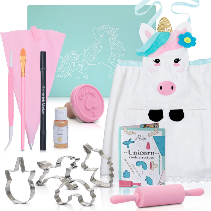 Kids Cookie Baking Set for Girls - Incl. Unicorn Apron, Cookie Cutters, Complete Cooking Kit With 14 Pieces - Great for Kitchen