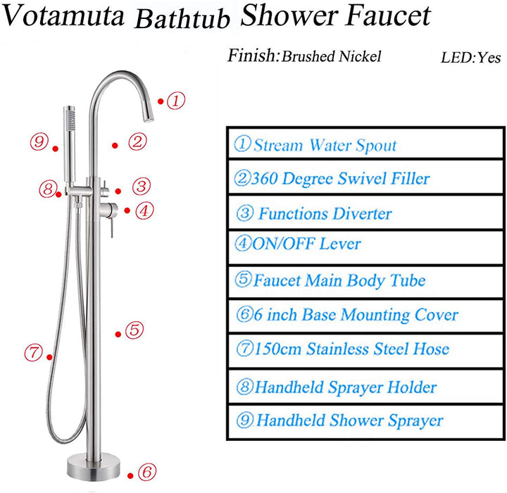 Votamuta Floor Mount Bathtub Faucet Freestanding Tub Filler LED Spout High Flow Brushed Nickel Standing Shower Faucets Tub Faucets with Hand Shower Mixer Taps