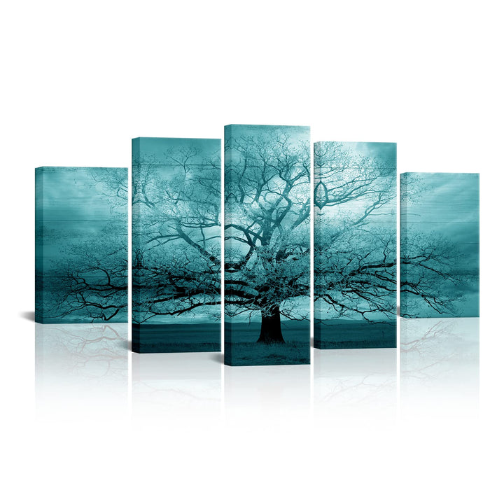 RnnJoile Teal Tree Canvas Wall Art Set of 5 Large Mysterious Tree of Life Painting Nature Theme Artwork for Modern Living Room