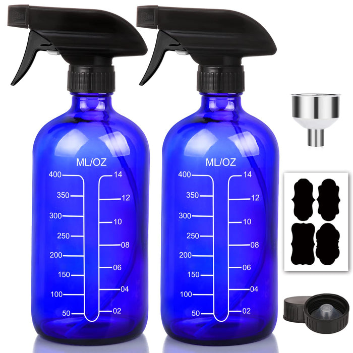 AOZITA 16oz Cobalt Blue Glass Spray Bottles with Measurements - Empty Reusable Refillable Container with Funnel and Labels for Mixing Essential Oils, Homemade Cleaning Products(2 Pack)