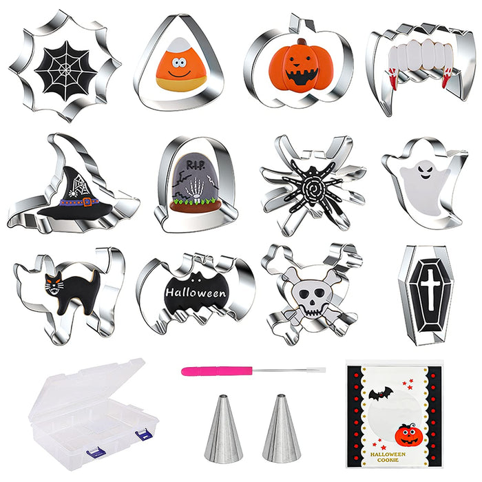 Halloween Cookie Cutters Set 12 PCS, Cobwebs, Corn, Wizarding Hat, Tombstone, Spider, Ghosts, Bats, Skeletons, Coffins, Pumpkins