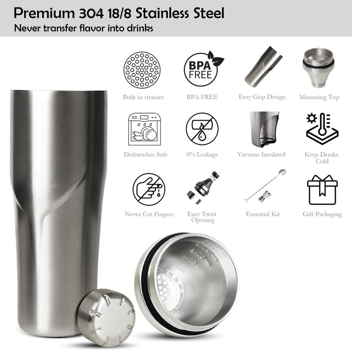 Simple Modern Cocktail Shaker Gift Set with Jigger Lid | Insulated Boston Martini Mixer Stainless Steel | Midnight Black