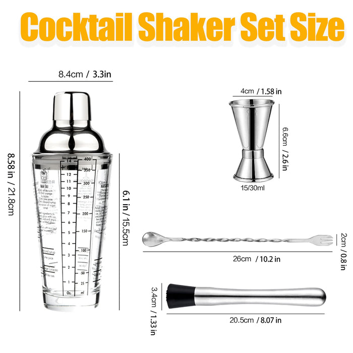 Mellyhan Glass Cocktail Shaker, 14oz Measured Mixing Glass Shakers cups with Measuring Jigger & Mixing Spoon and Stainless Steel Bar Set Tools Bartender Kit