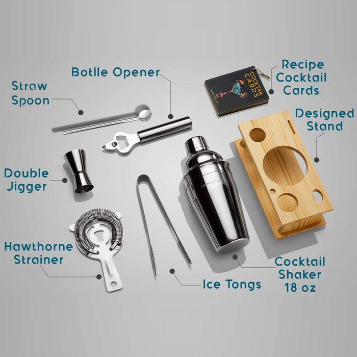ASOFFI Bartenders Kit with Stand, 8 Pcs Stainless Steel Cocktail Shaker Set Includes Martini Shaker, Spoon, Muddler, Tongs, Jigger
