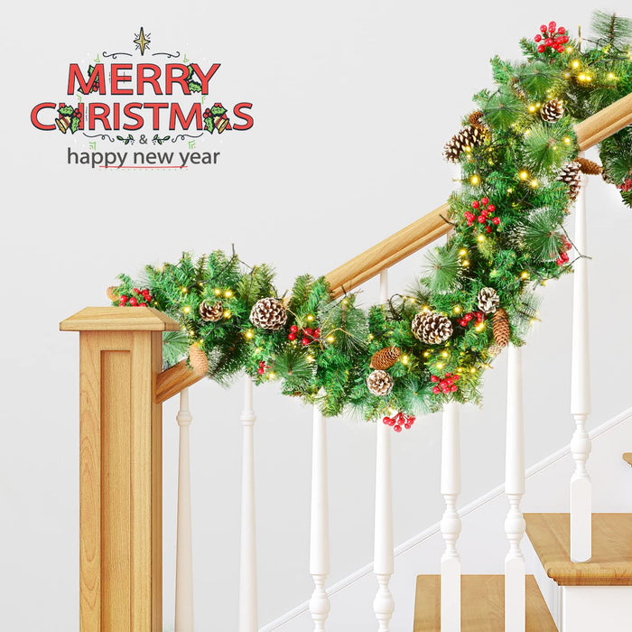9 FT Prelit Christmas Garland with 100 LED Lights, 8 Modes 3AA Battery Operated Garland with Timing Function for Home Stairs Fireplace Front Porch Door Display Indoor Outdoor Christmas Decoration