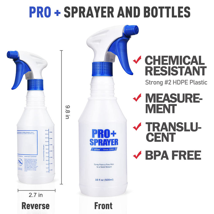 airbee Plastic Spray Bottles 2 Pack 16 Oz for Cleaning Solutions, Planting, Pet, Bleach Spray, Vinegar, Professional Empty Spraying Bottle, Mist Water Sprayer with Adjustable Nozzle and Measurements