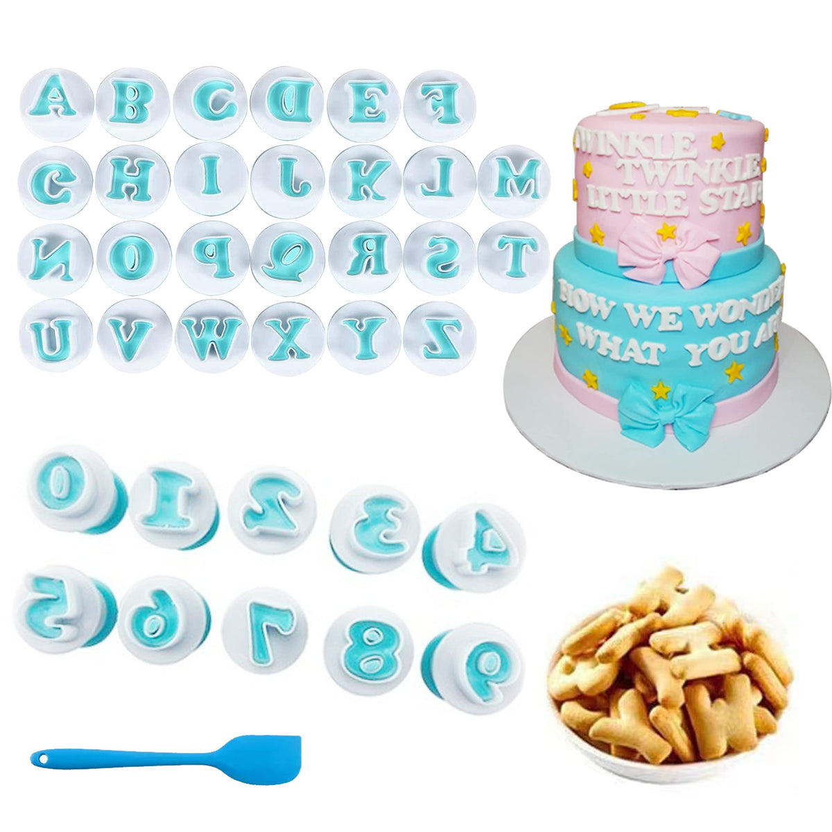70 Pcs Fondant Letter cutters and cake Scraper Set, Smilerain cookie  Decorating Tools Alphabet and Numbers Fondant cake Mold cut
