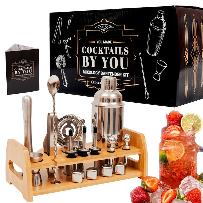Cocktail Mixology Shaker Set - Bartenders Kit with Bamboo Stand, Bar Accessories Kit with Bar Tools Including a Martini Shaker