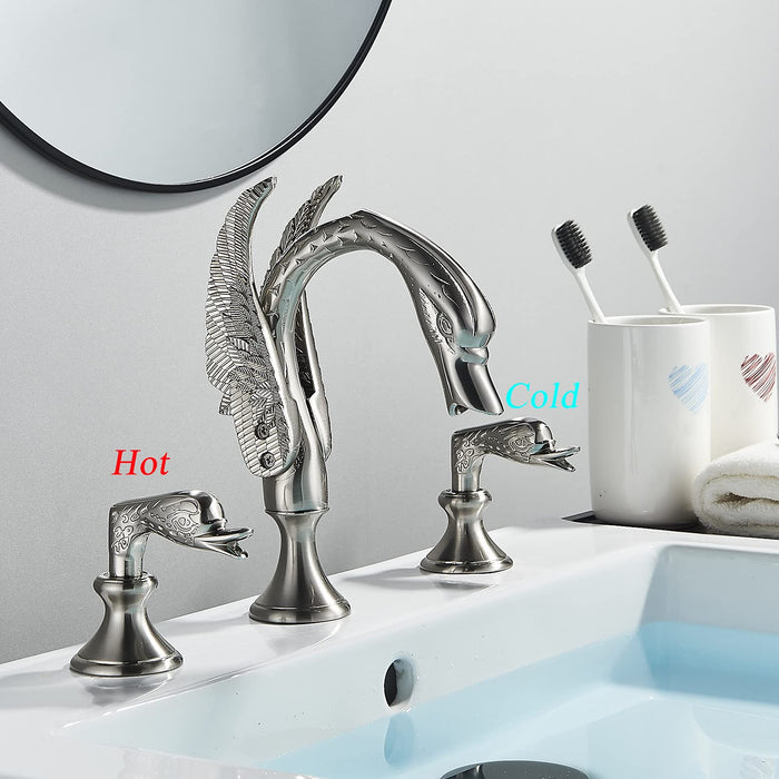 Votamuta Brushed Nickel 8-Inch Three Hole Basin Sink Vanity Faucet Swan Shape Spout Deck Mounted Mixer Tap New
