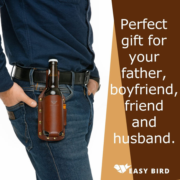 EASY BIRD Handmade Full-Grain Leather Beer Belt Holster for Men. Bottle Opener Included.  for Men. Brown.