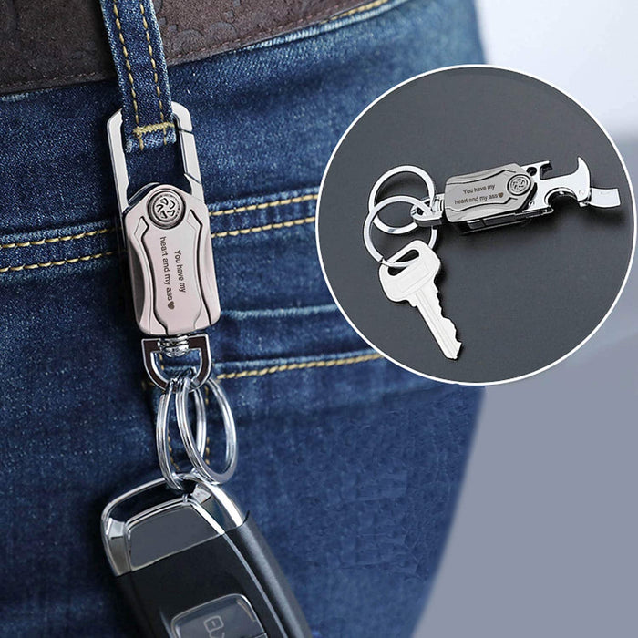 Keychain 5-in-1 Multitool with Knife, Bottle Opener, Phone Holder. Tough Zinc Alloy with Stylish Nickel Plated, 2 Keyrings