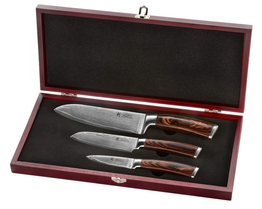 3pcs Kitchen Knife Set Damascus Steel Japanese Santoku Knife Chef Wooden Box