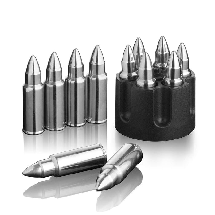 Whiskey Stones Bullets Stainless Steel - 1.75in Bullet Chillers Set of 6 Inside Realistic Revolver - Freezer Base
