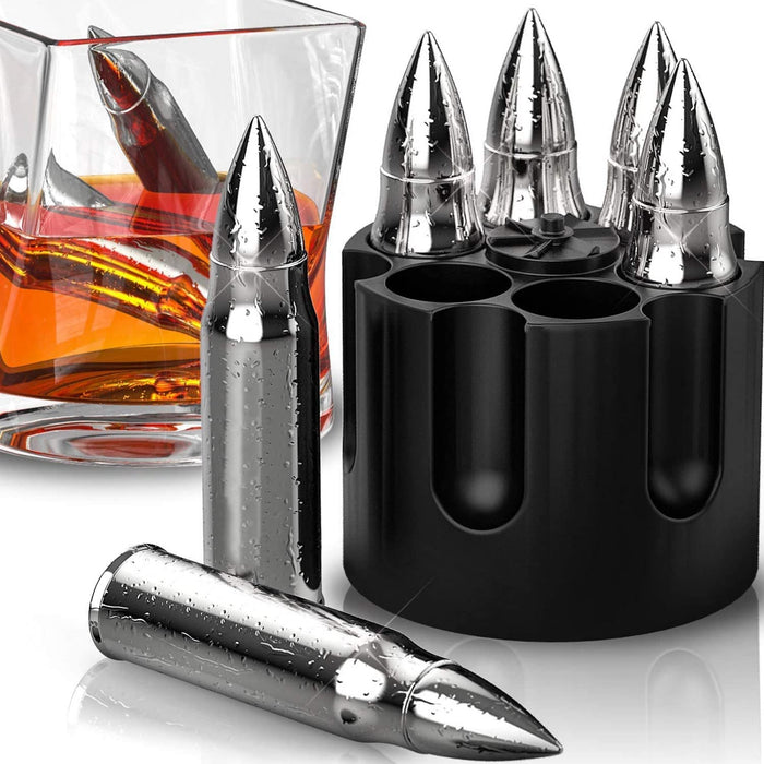 Golden Whiskey Stones Extra Large 6 Laser Engraved Stainless Steel Bullets  with Revolver Barrel Base Reusable Chilling Rocks Stone Ice Cubes Chillers