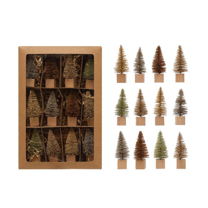 Creative CoOp Bottle Brush Trees with Wood Base, Multicolor, Boxed Set of 12